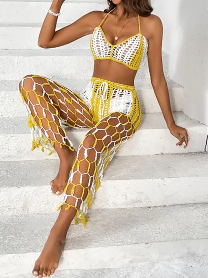 Beach pants top set mesh beach pants color engraved with hand hook flower