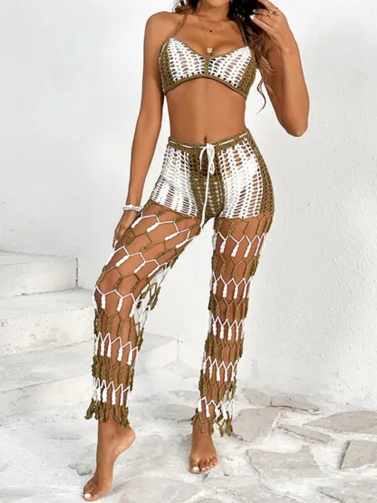 Beach pants top set mesh beach pants color engraved with hand hook flower