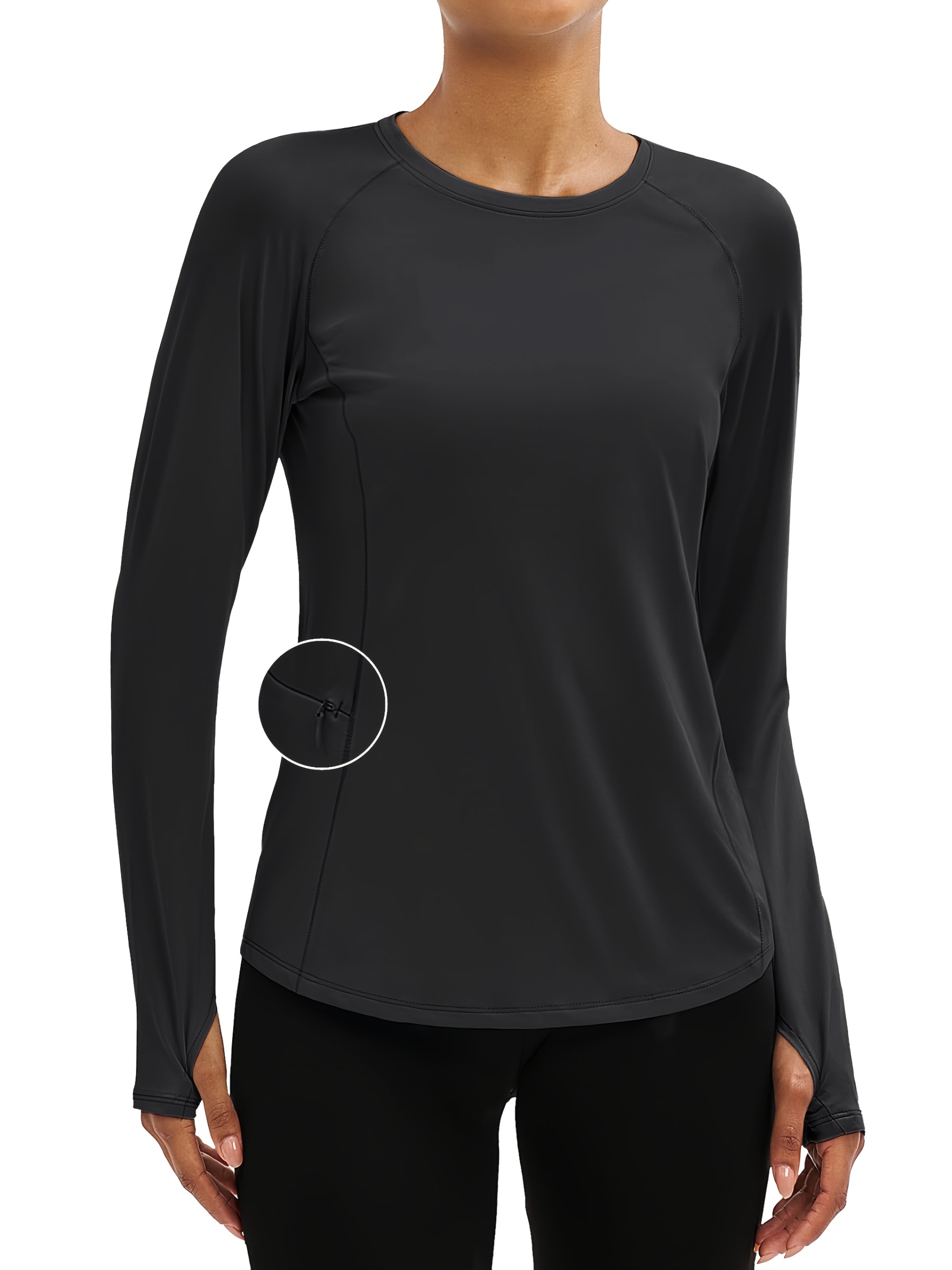 Women'S Long-sleeved Protection Shirts UPF 80+ Workout Top With Thumb Holes Crew Neck 