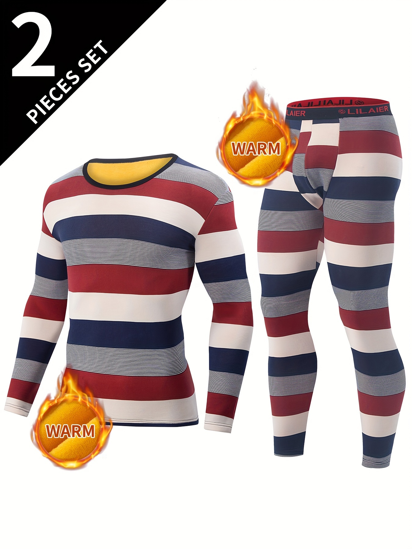 2 Pcs Men's Striped Thermal Base Layer Set