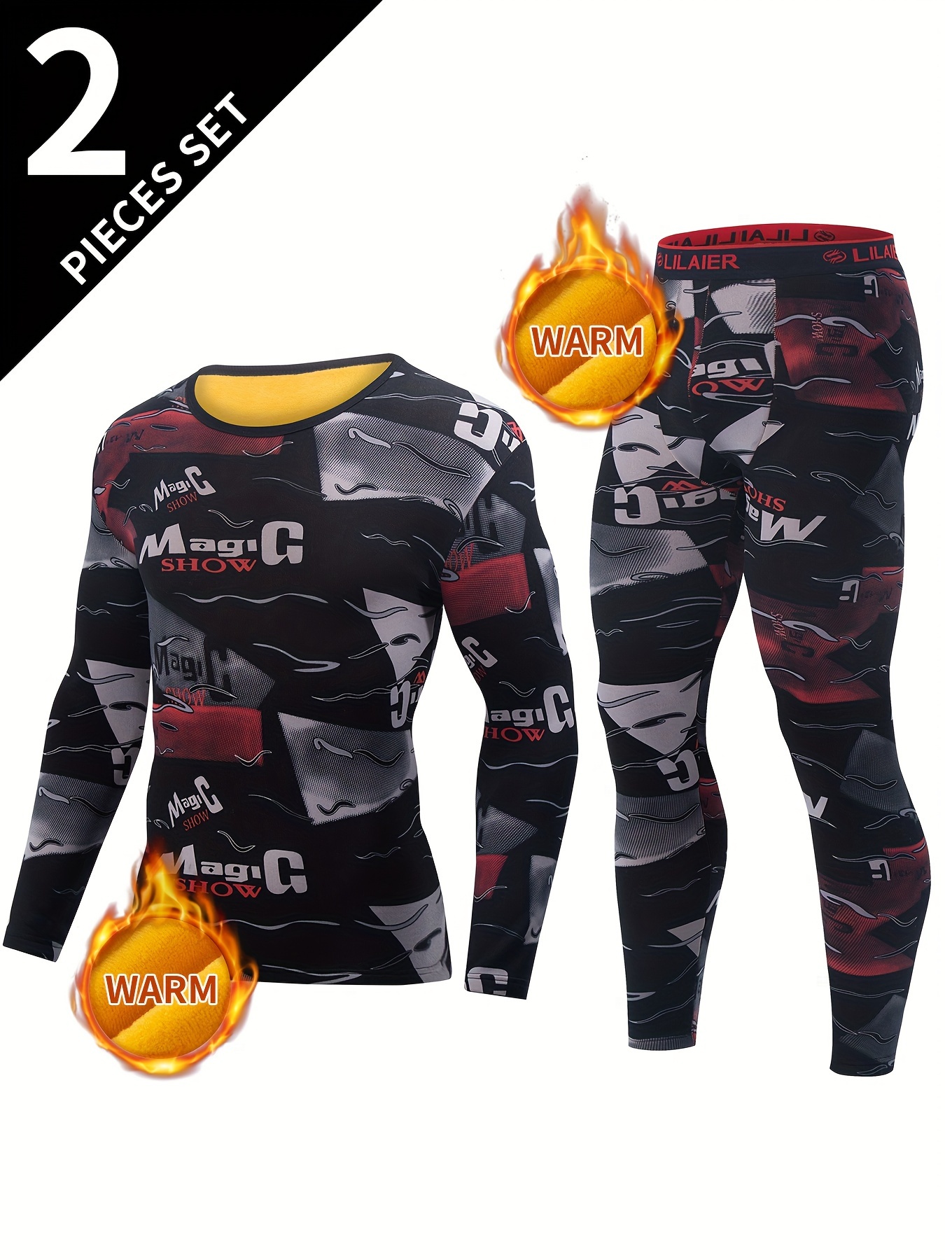 2 Pcs Men's Vintage Letter Print Thermal Base Layer Set 