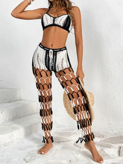 Beach pants top set mesh beach pants color engraved with hand hook flower