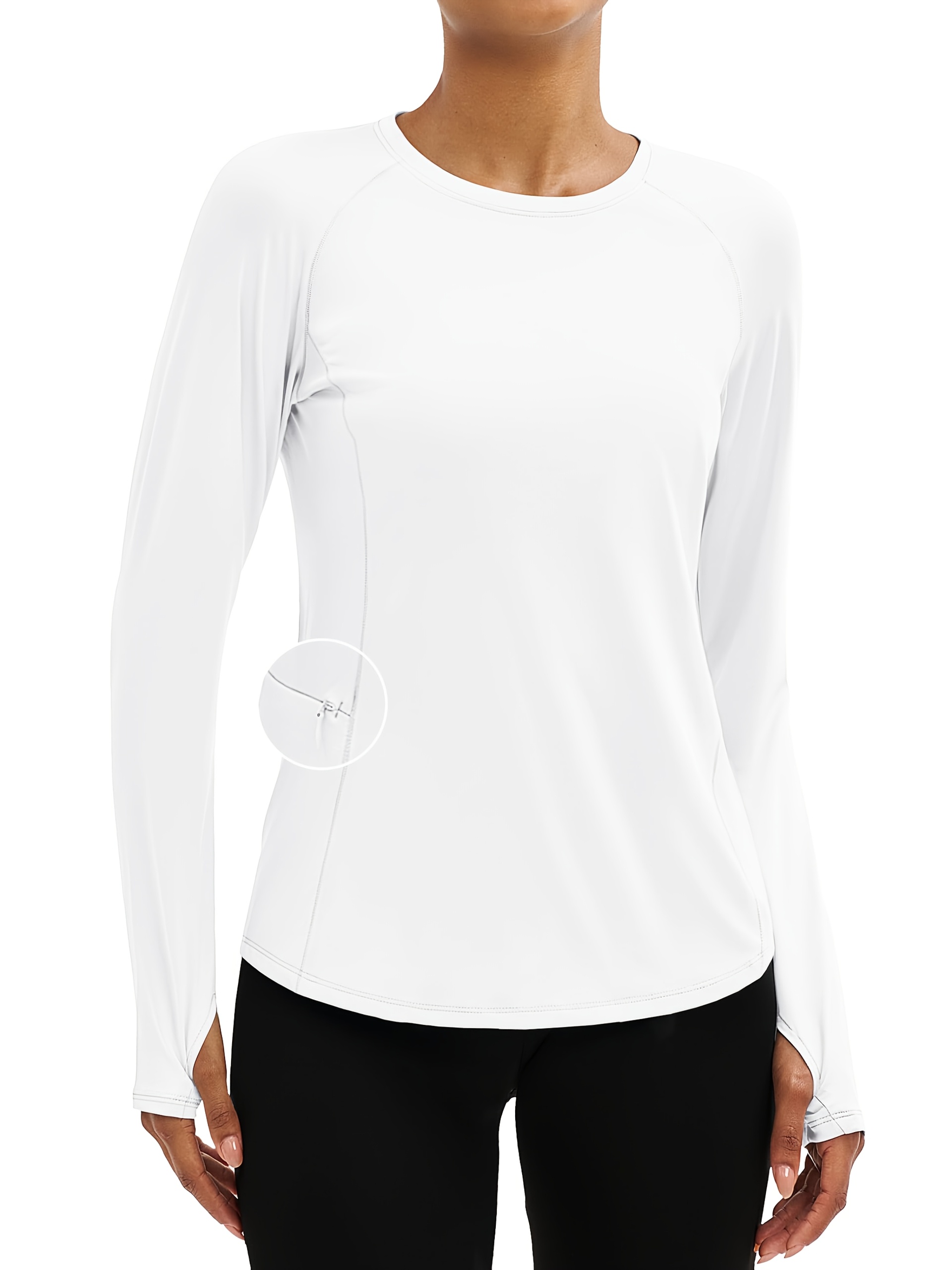 Women'S Long-sleeved Protection Shirts UPF 80+ Workout Top With Thumb Holes Crew Neck 