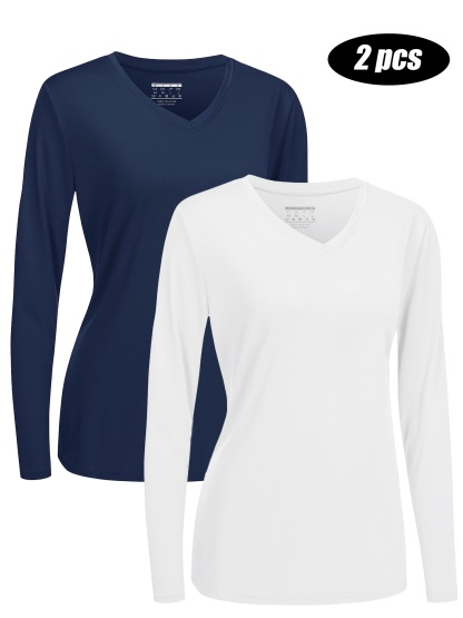 2PCS Long Sleeve T-Shirt Set Women V-Neck UPF50+ Sun Protection Quick-Dry Sportswear