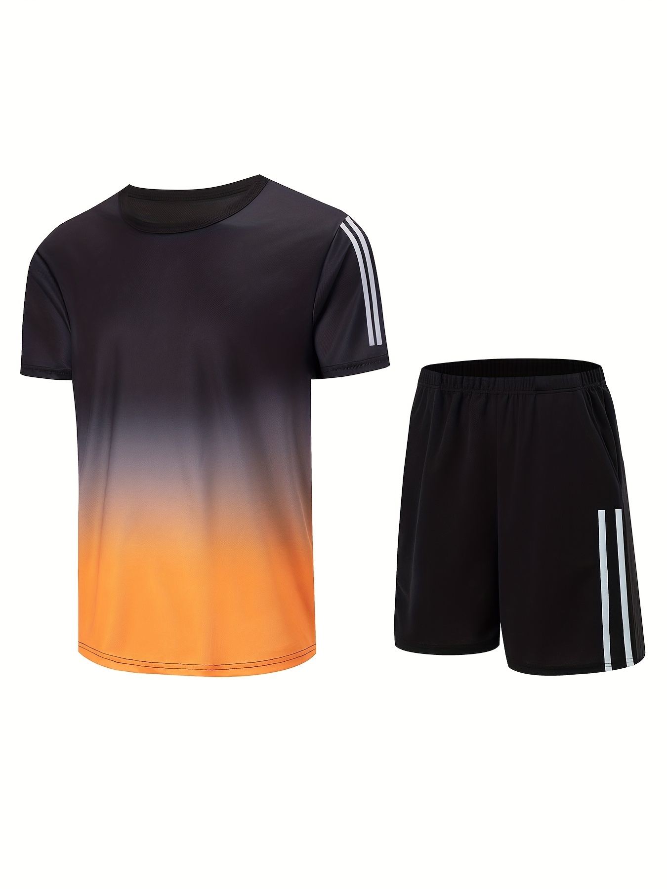 2pcs Men'S Summer Running & Fitness Set - Gradient Blue to Black Short Sleeve T-Shirt with Pockets & Black Athletic Shorts, Breathable Workout Outfit for Gym, Training, Casual Wear, Gym Apparel, Sleek Sporty Design, Moisturewicking Fabric