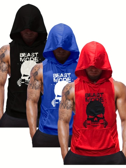 3pcs Sleeveless Men's Hooded Stringers Workout Tank Tops for Bodybuilding Workout Skull Shirts