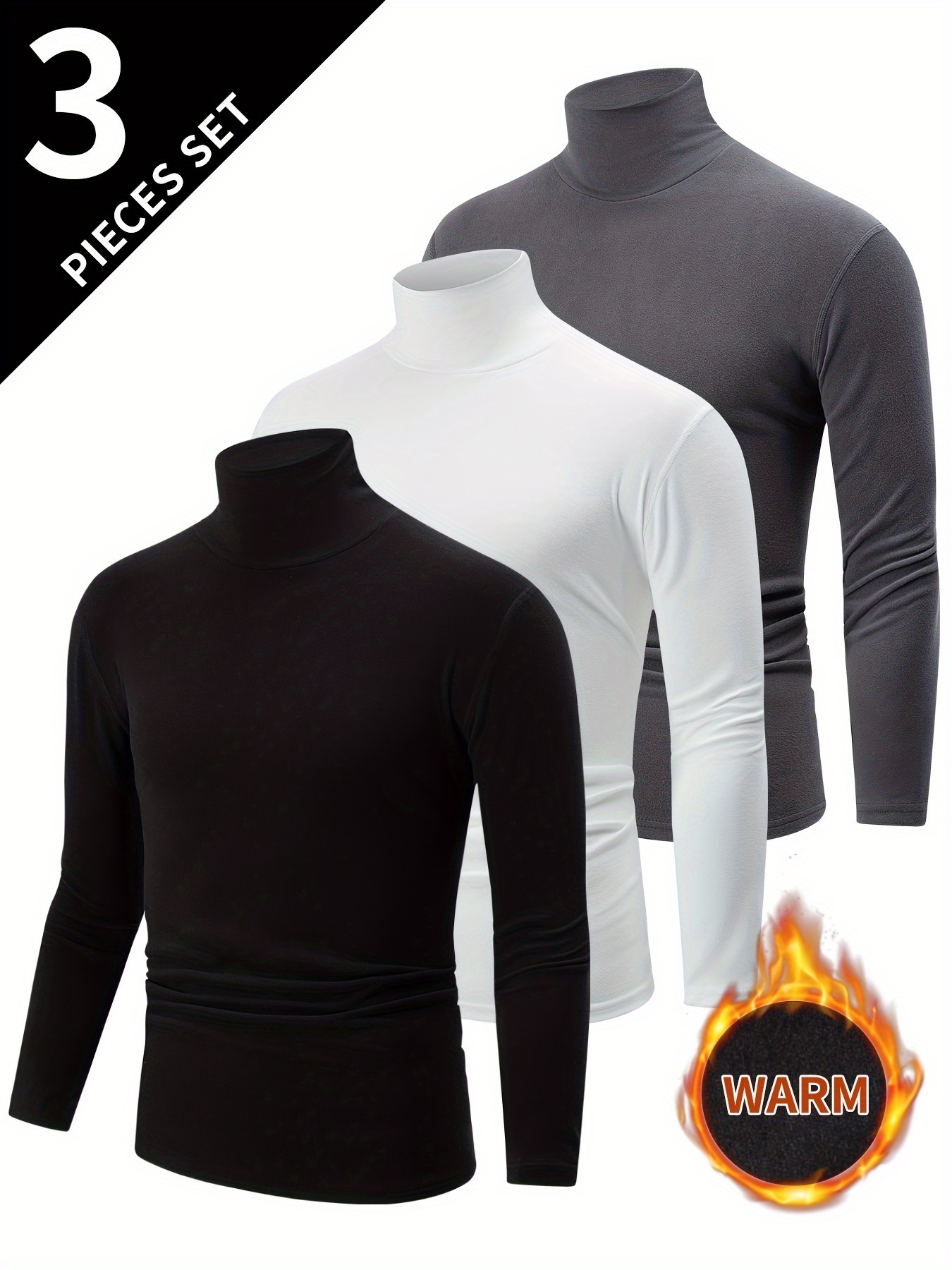 3pcs Men's Double-Sided Fleece Turtleneck Long Sleeve T-Shirts Tops