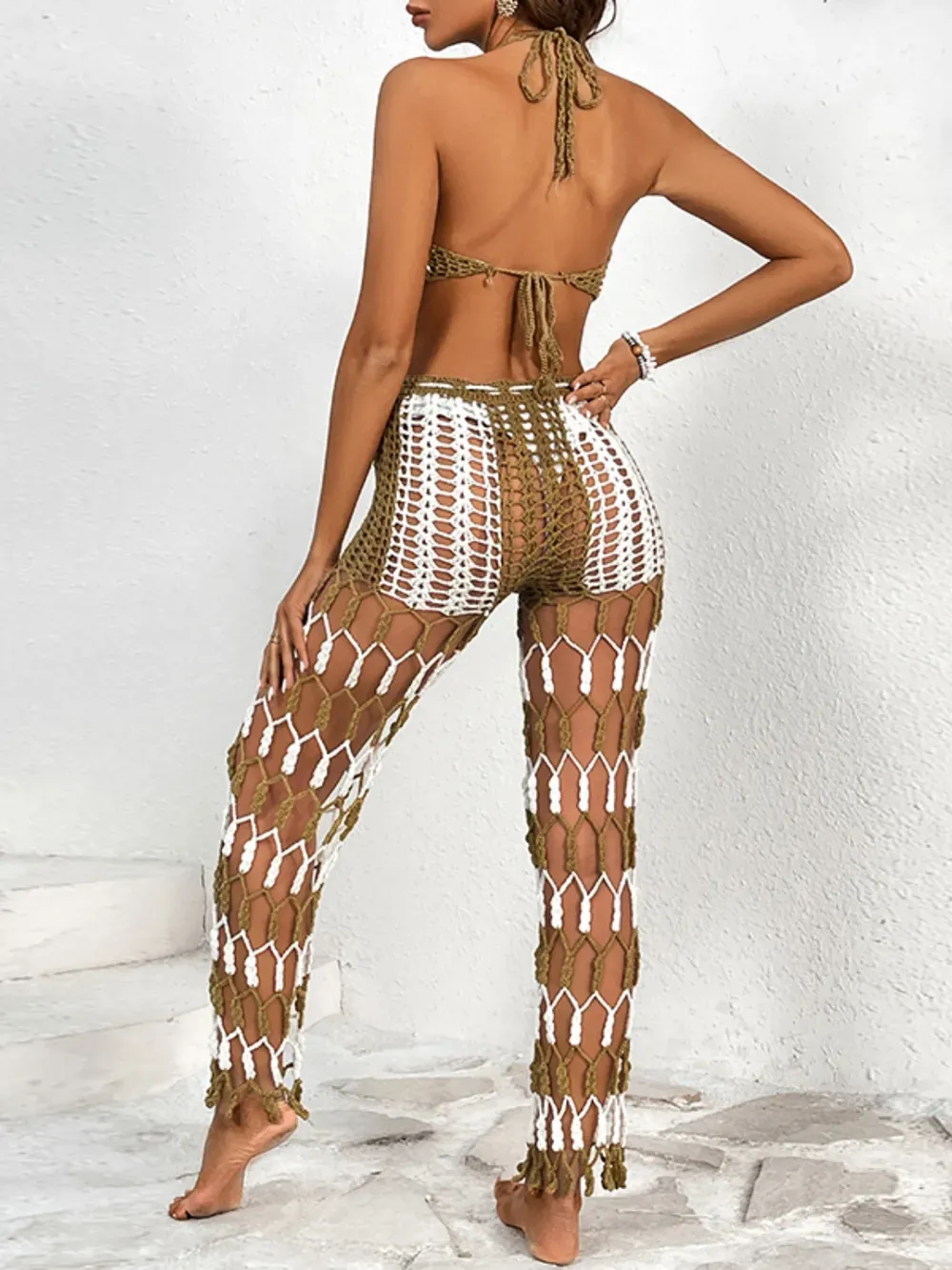 Beach pants top set mesh beach pants color engraved with hand hook flower