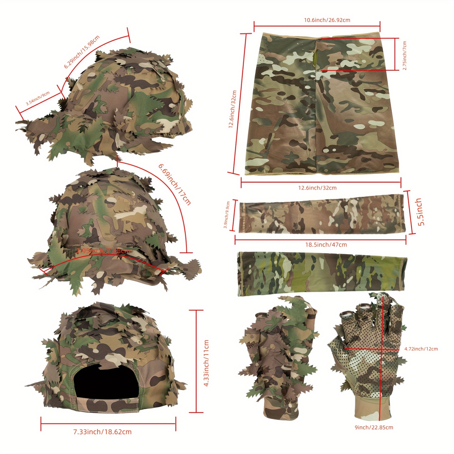  6PC Sleeve Hat Hunting With Leaf Cap Camo, Hunting Gloves, Ice Sleeve Arm Cuffs 