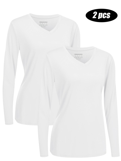 2PCS Long Sleeve T-Shirt Set Women V-Neck UPF50+ Sun Protection Quick-Dry Sportswear