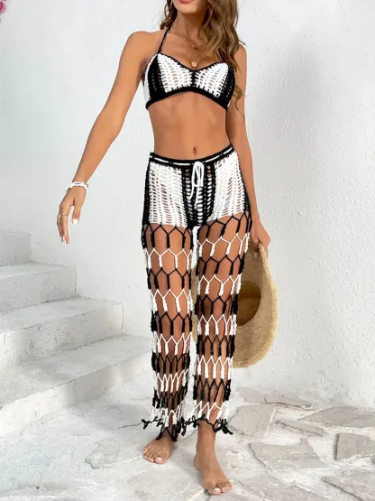 Beach pants top set mesh beach pants color engraved with hand hook flower