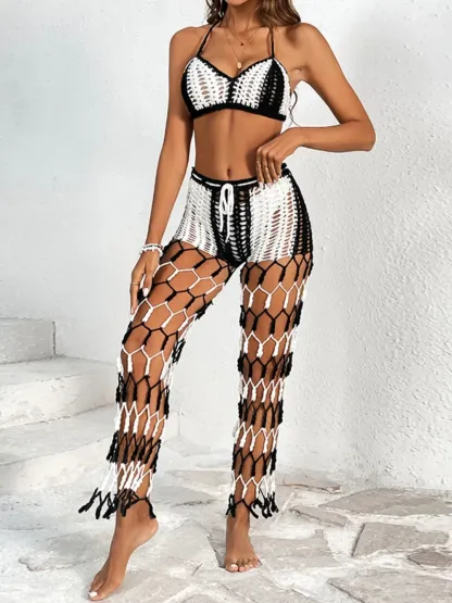 Beach pants top set mesh beach pants color engraved with hand hook flower