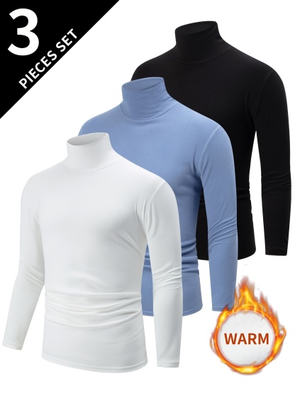 3pcs Men's Thermal Turtleneck Long Sleeve T-Shirts Baselayer
