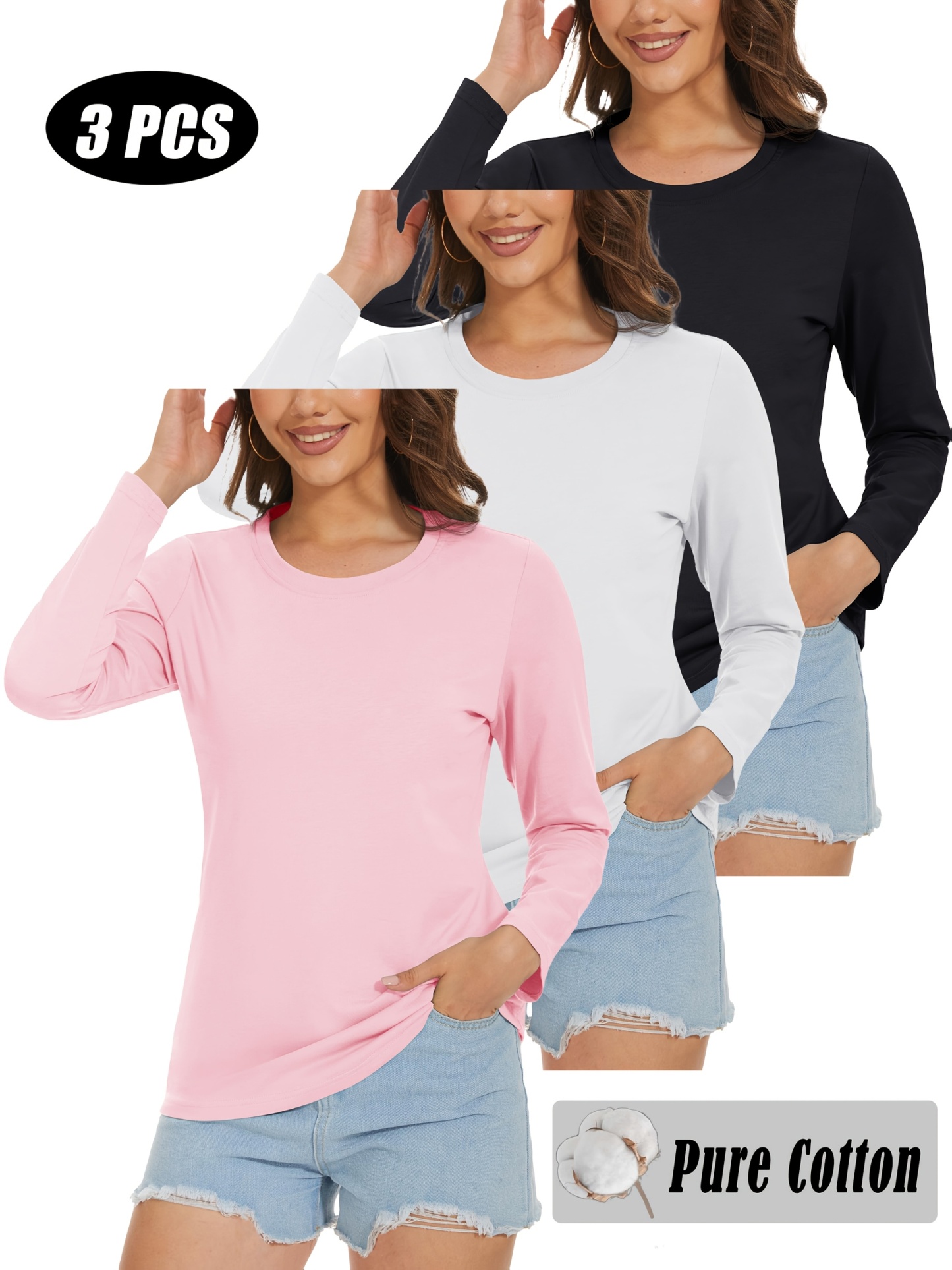 3-Pack Women's Pure Cotton Long Sleeve T-Shirt Round Neck
