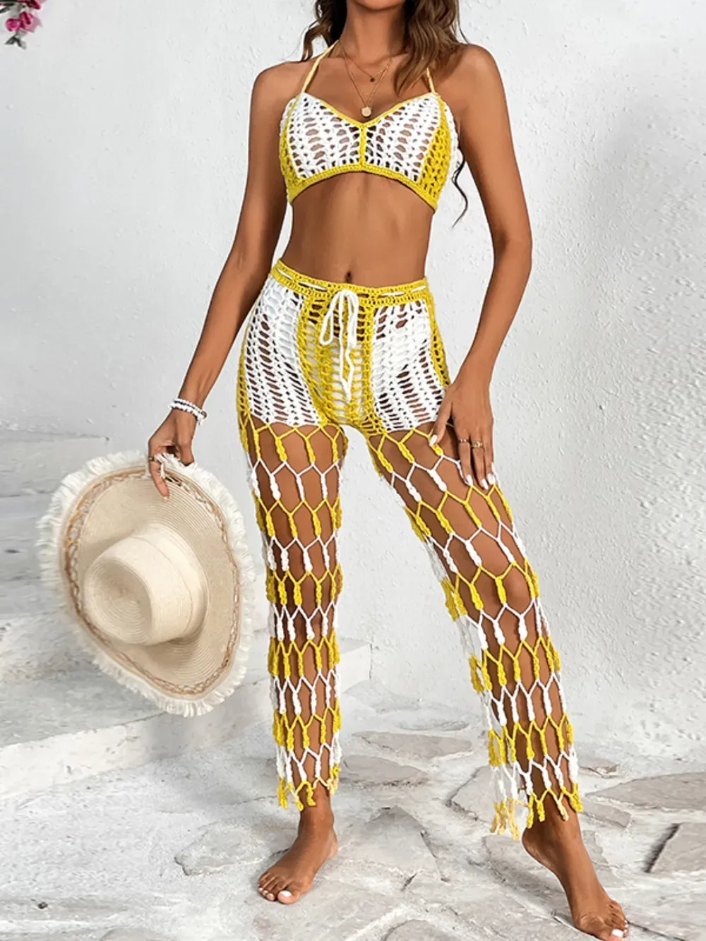 Beach pants top set mesh beach pants color engraved with hand hook flower