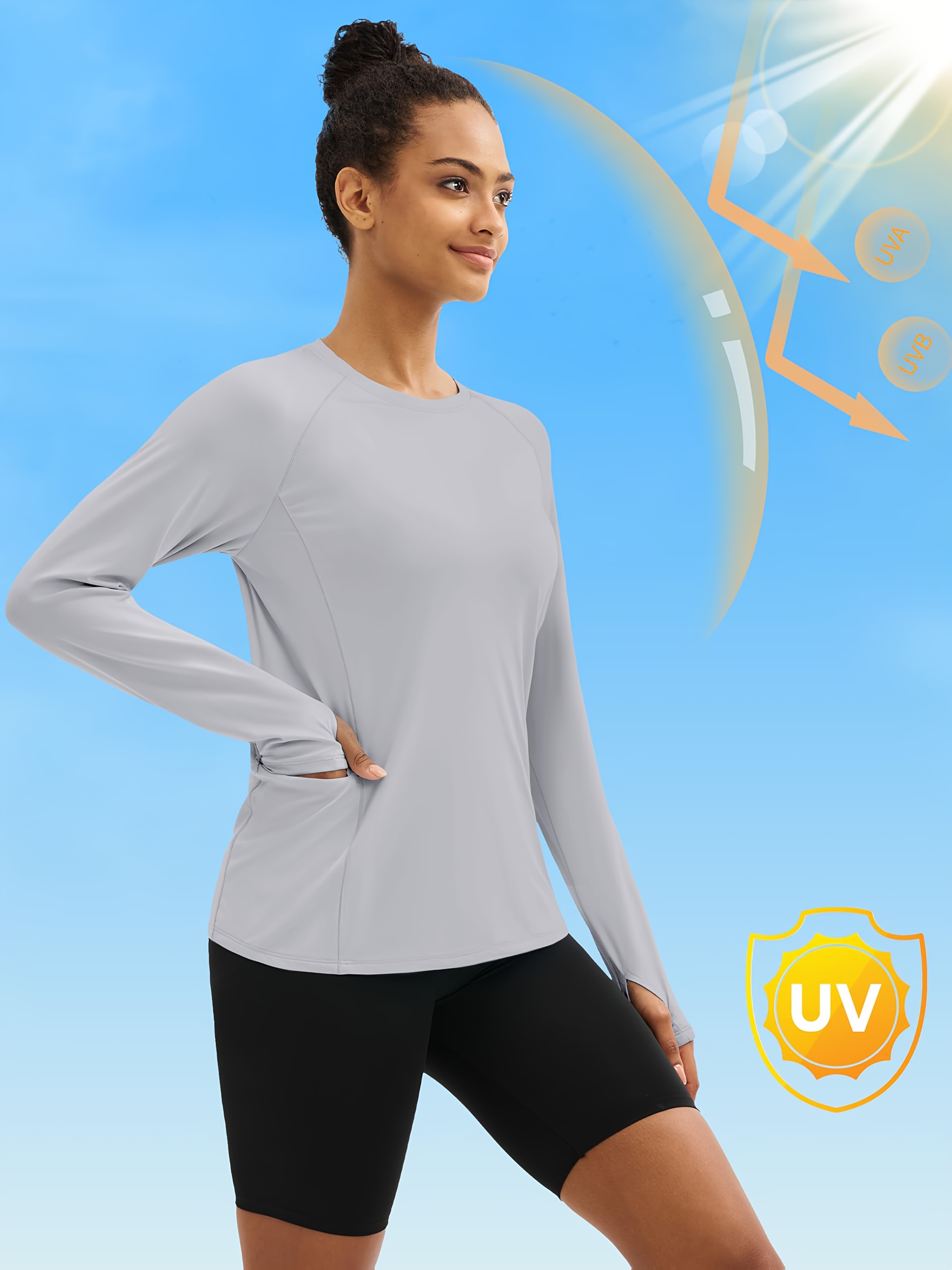 Women'S Long-sleeved Protection Shirts UPF 80+ Workout Top With Thumb Holes Crew Neck 