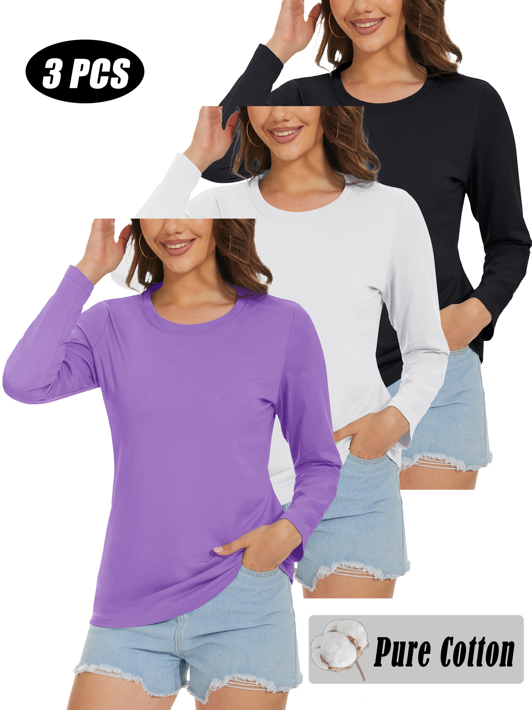 3-Pack Women's Pure Cotton Long Sleeve T-Shirt Round Neck