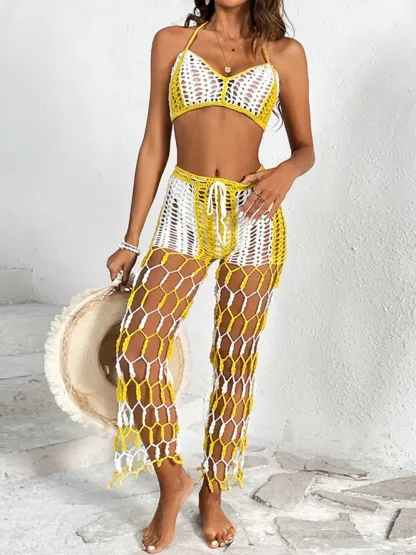 Beach pants top set mesh beach pants color engraved with hand hook flower