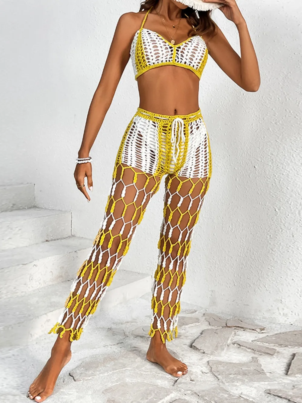 Beach pants top set mesh beach pants color engraved with hand hook flower