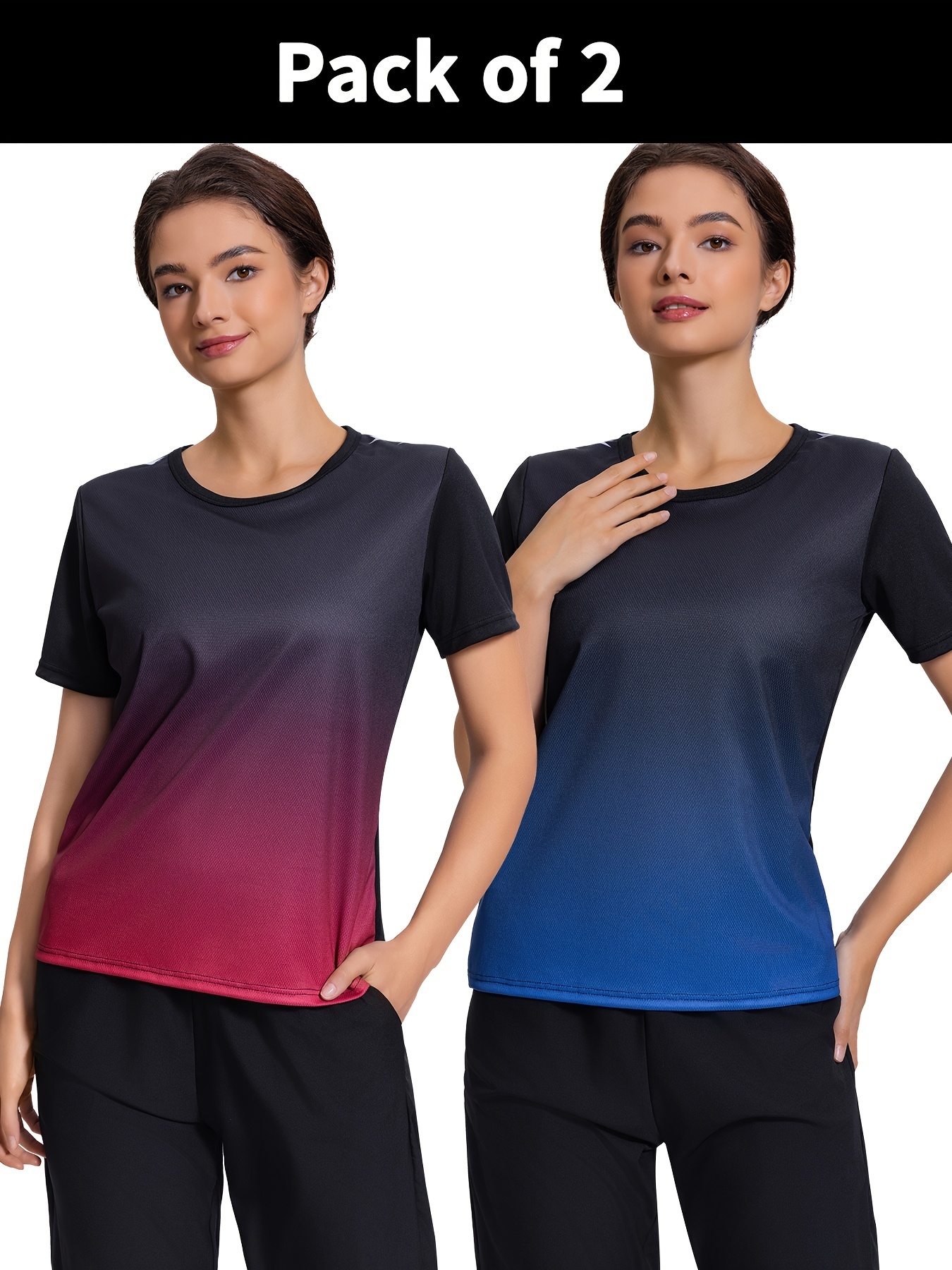 2pcs Women's Quick-Dry Gradient Color Short Sleeve T-Shirts