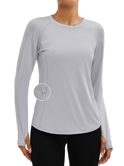 Women'S Long-sleeved Protection Shirts UPF 80+ Workout Top With Thumb Holes Crew Neck 