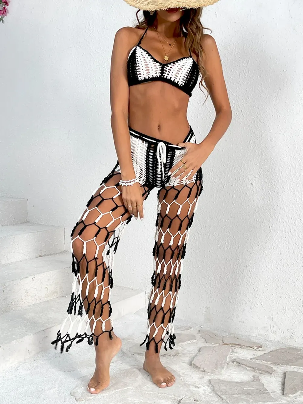 Beach pants top set mesh beach pants color engraved with hand hook flower