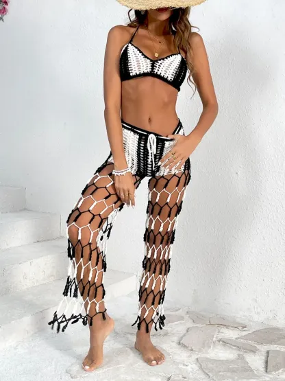 Beach pants top set mesh beach pants color engraved with hand hook flower
