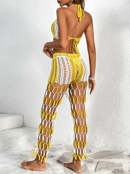 Beach pants top set mesh beach pants color engraved with hand hook flower