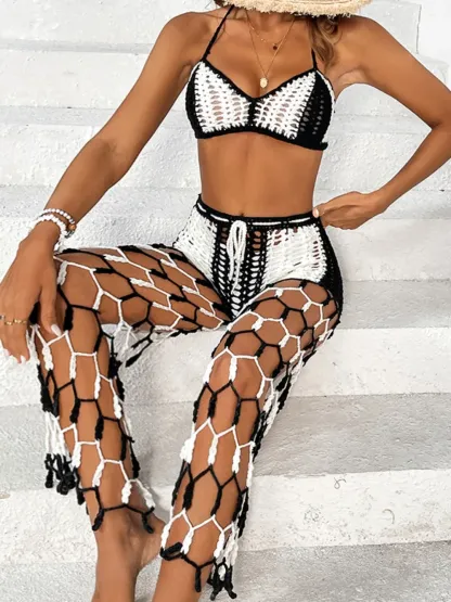 Beach pants top set mesh beach pants color engraved with hand hook flower