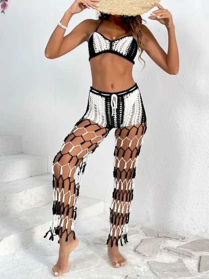 Beach pants top set mesh beach pants color engraved with hand hook flower