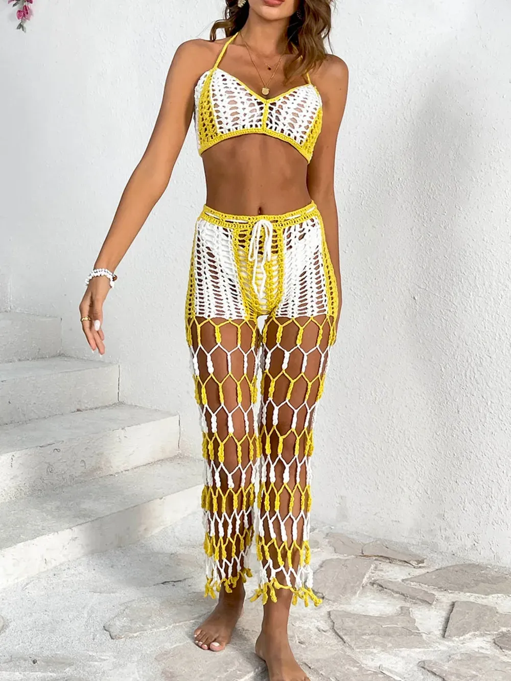Beach pants top set mesh beach pants color engraved with hand hook flower