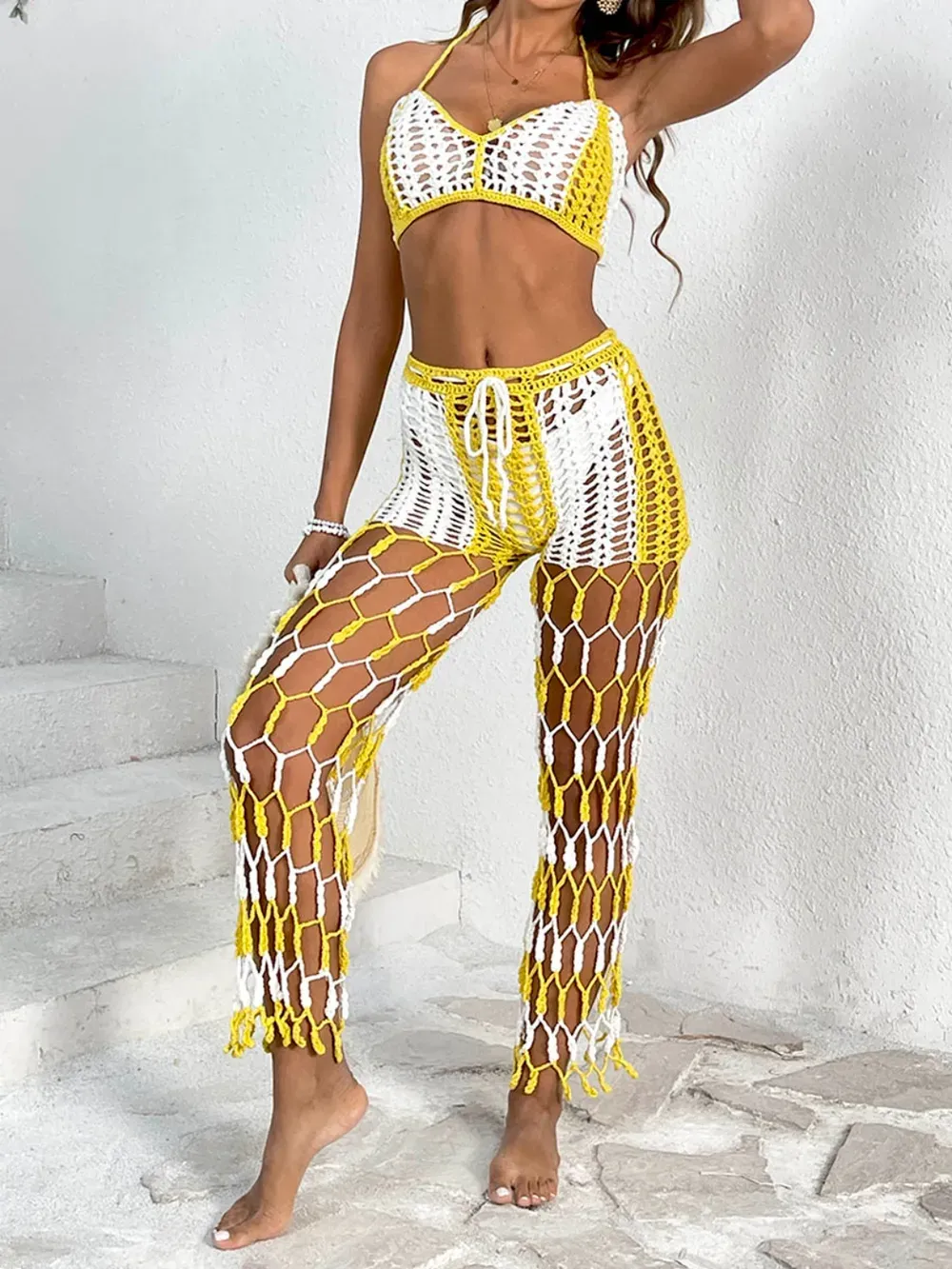 Beach pants top set mesh beach pants color engraved with hand hook flower