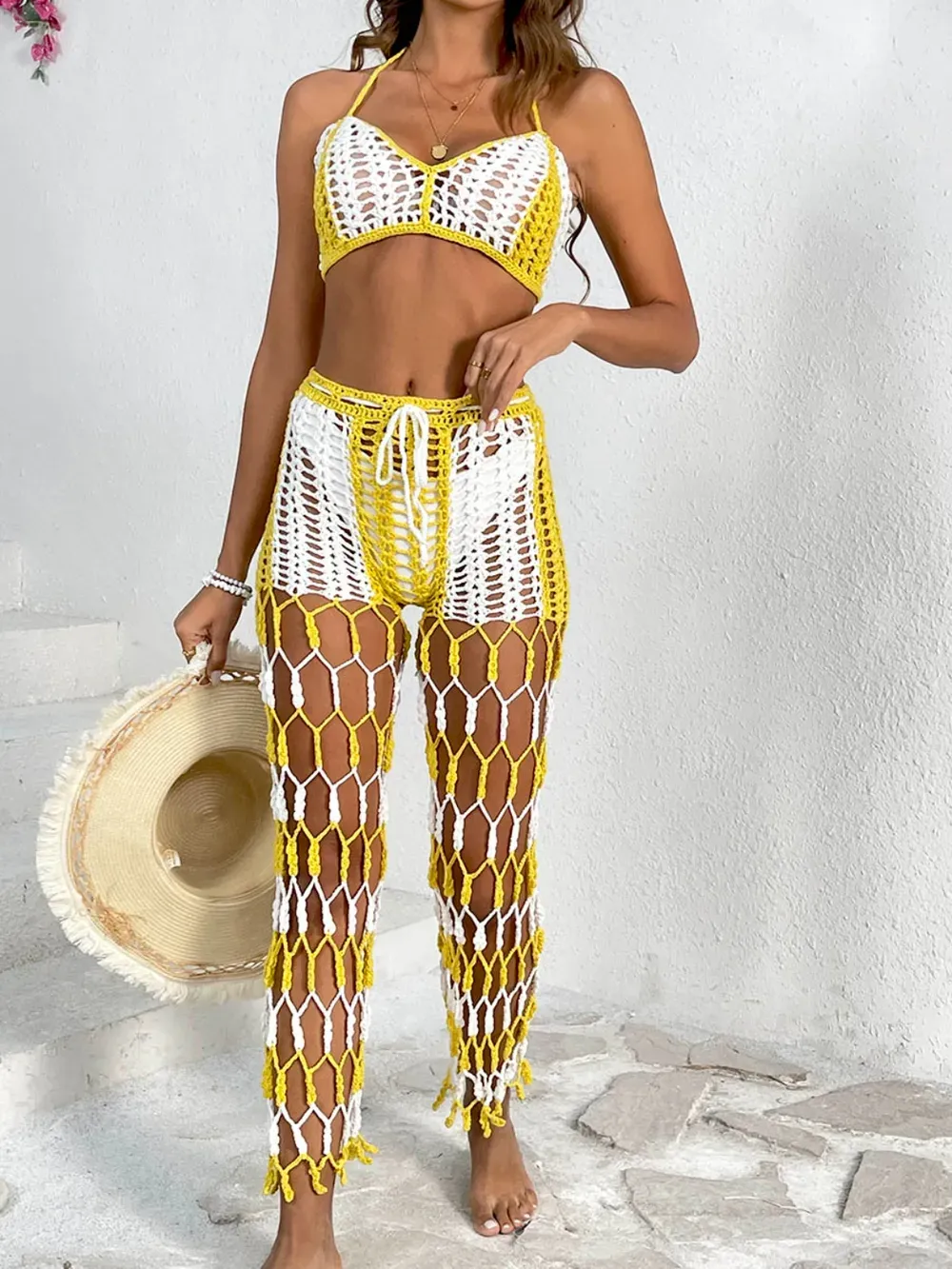 Beach pants top set mesh beach pants color engraved with hand hook flower