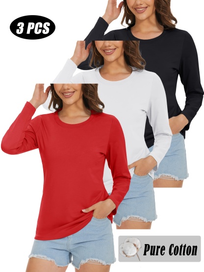 3-Pack Women's Pure Cotton Long Sleeve T-Shirt Round Neck