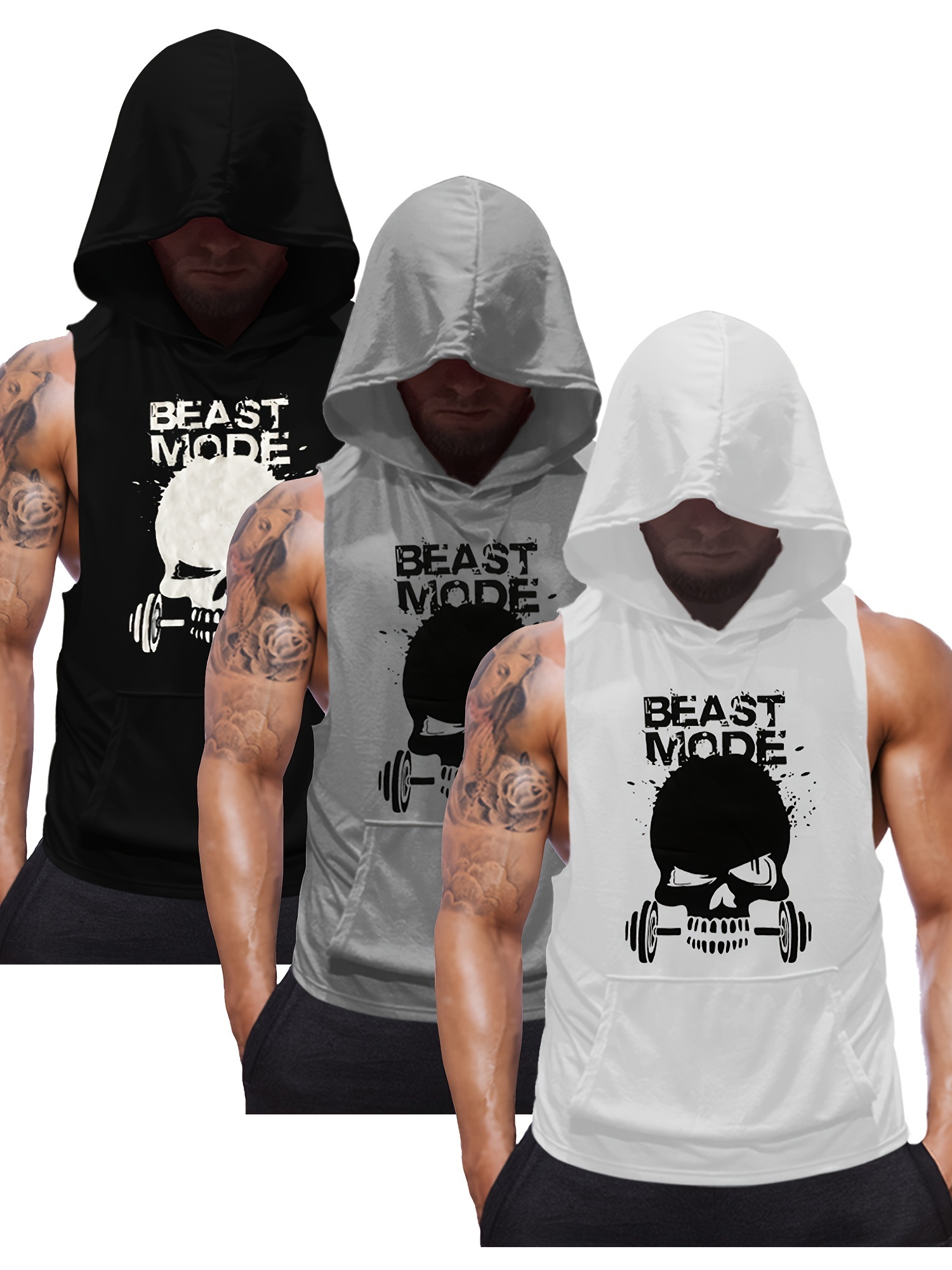 3pcs Sleeveless Men's Hooded Stringers Workout Tank Tops for Bodybuilding Workout Skull Shirts