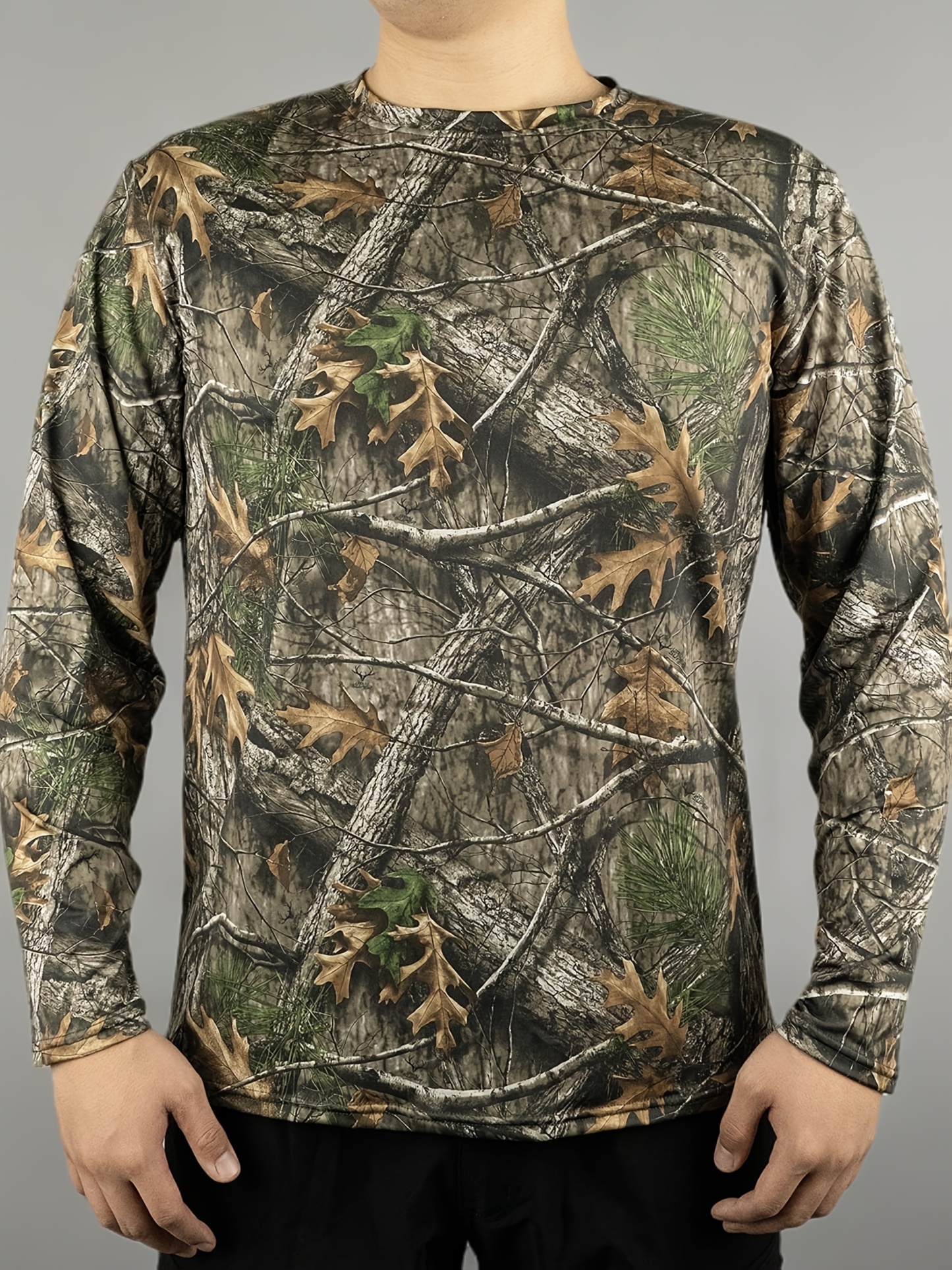 1PC Men's Camouflage Long Sleeve Crew Neck T-Shirt - 100% Polyester Fiber - For Hunting, Bird Watching & Fishing - Perfect for Outdoor Activities - Ideal Gift for Men