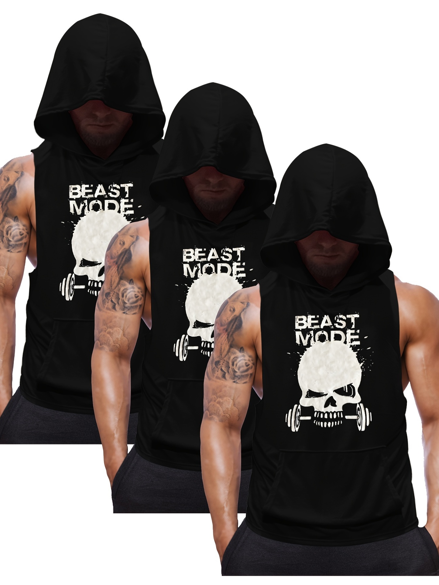 3pcs Sleeveless Men's Hooded Stringers Workout Tank Tops for Bodybuilding Workout Skull Shirts