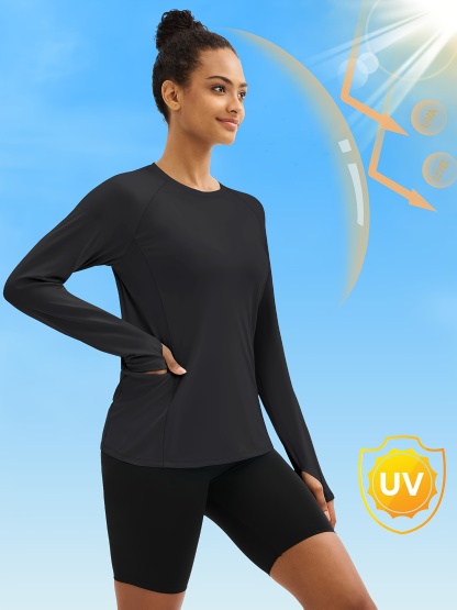 Women'S Long-sleeved Protection Shirts UPF 80+ Workout Top With Thumb Holes Crew Neck 