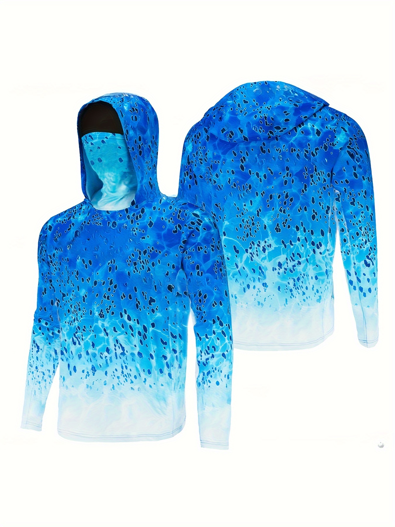 Men's Gradient Blue UV Protection Fishing Hoodie with Neck Gaiter
