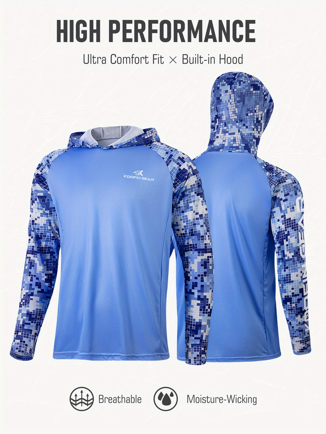 Men's High-Performance Mosaic Blue Camo Hooded Fishing Shirt