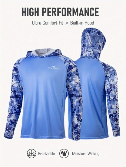 Men's High-Performance Mosaic Blue Camo Hooded Fishing Shirt