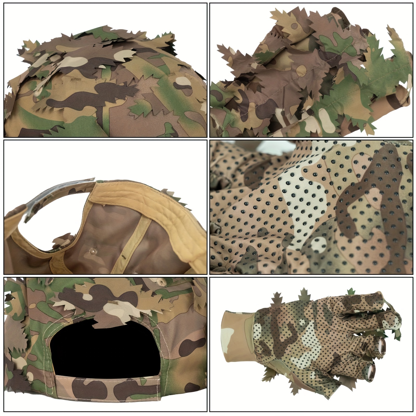  6PC Sleeve Hat Hunting With Leaf Cap Camo, Hunting Gloves, Ice Sleeve Arm Cuffs 