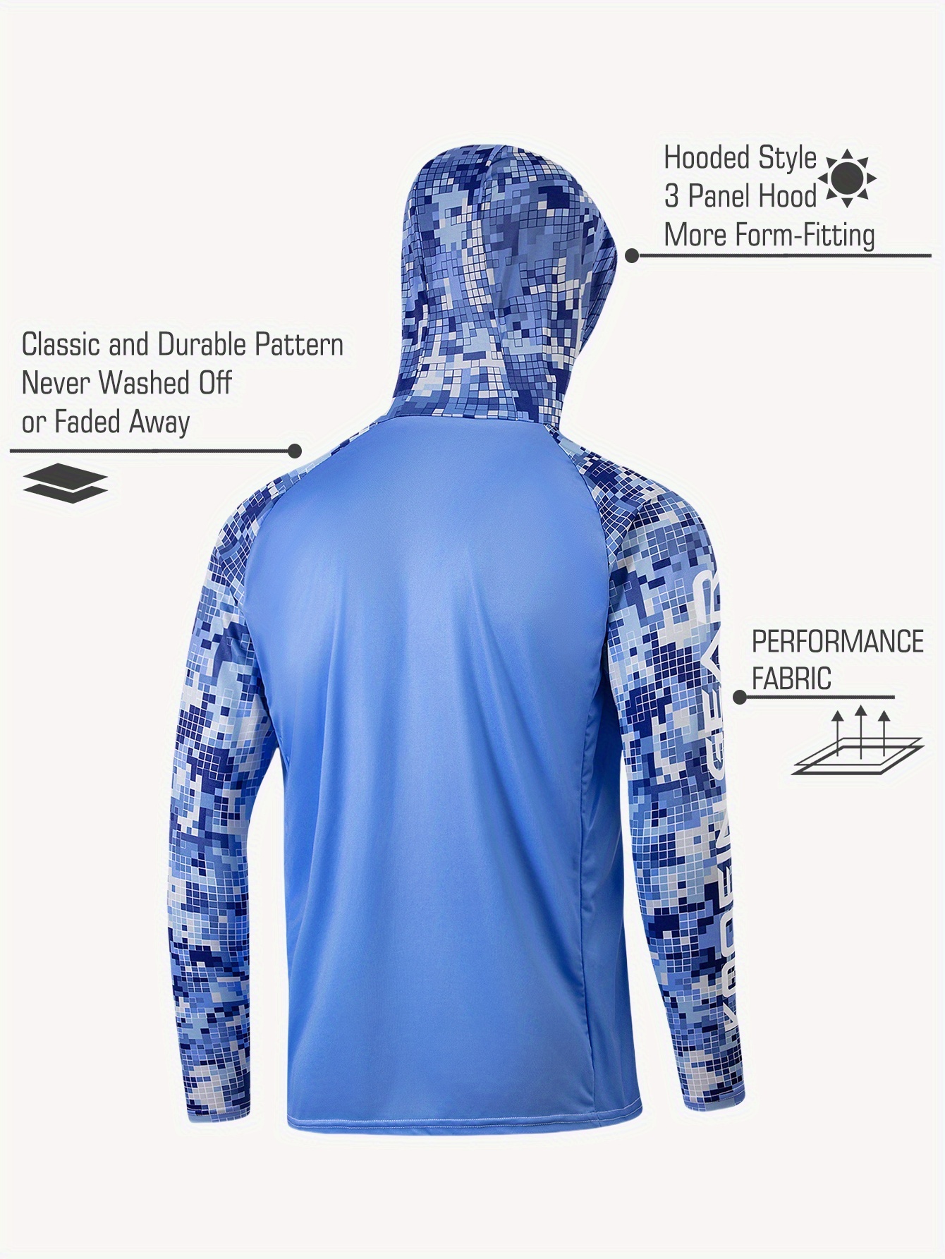 Men's High-Performance Mosaic Blue Camo Hooded Fishing Shirt