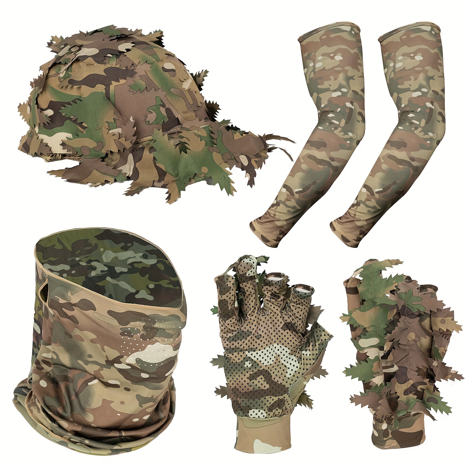  6PC Sleeve Hat Hunting With Leaf Cap Camo, Hunting Gloves, Ice Sleeve Arm Cuffs 