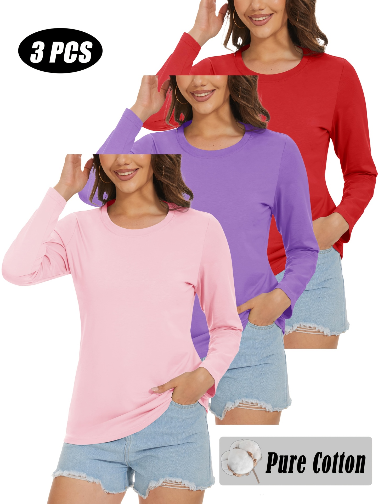 3-Pack Women's Pure Cotton Long Sleeve T-Shirt Round Neck