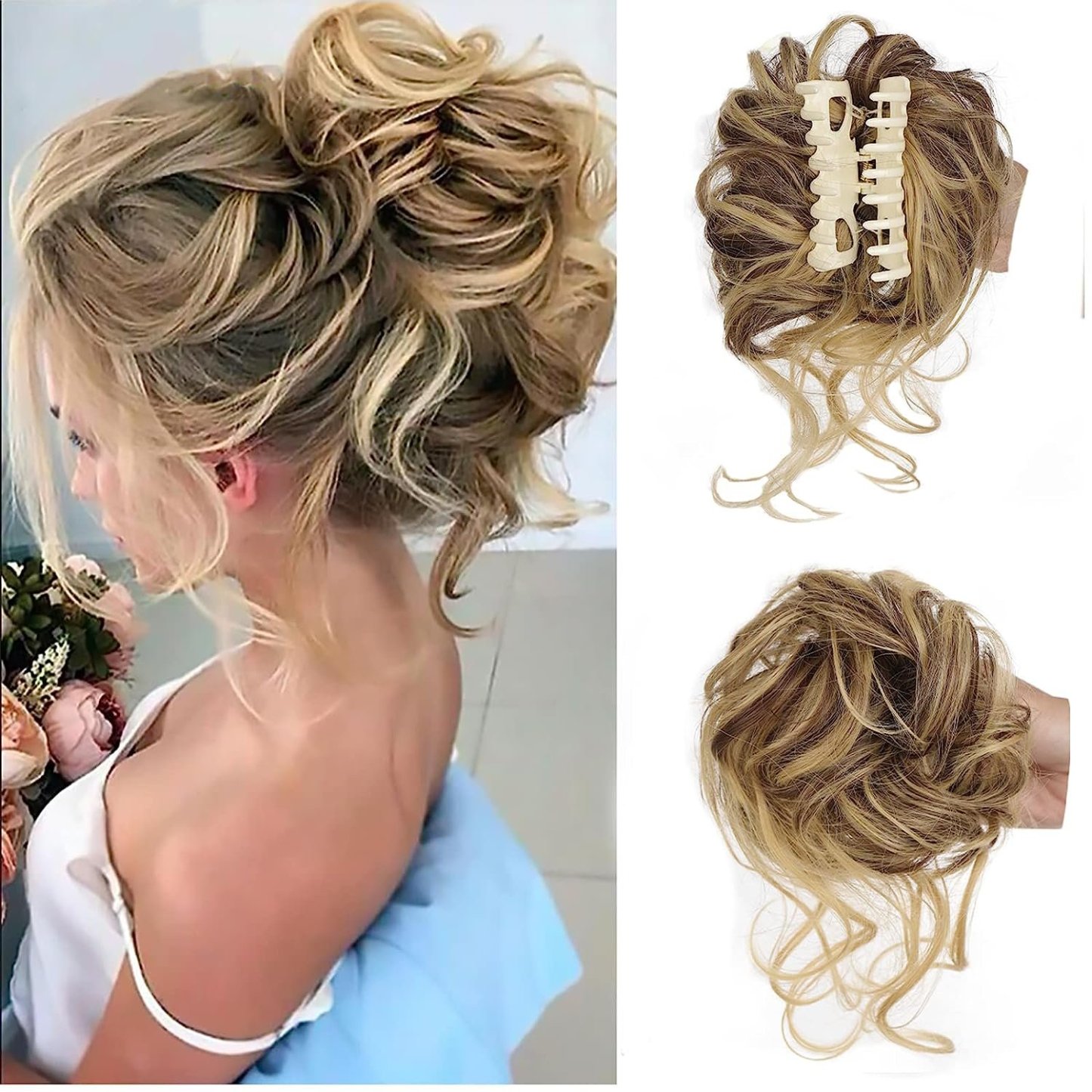 Messy Bun Hair Piece, Wavy Curly Chignon Ponytail Hairpiece for Daily Wear