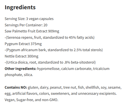 Vital Nutrients Saw Palmetto Pygeum Nettle Root 60Veg Capsules