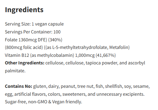 Vital Nutrients B-12/Methyl Folate by Vital Nutrients 100Veg Capsules
