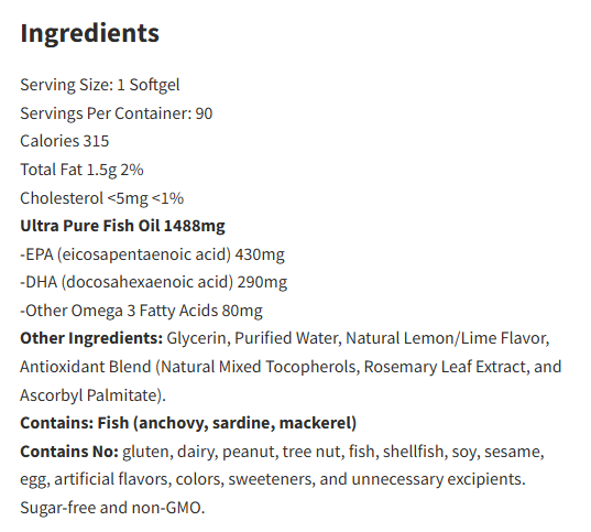 Vital Nutrients Ultra Pure Fish Oil 800 Triglyceride Form 90Capsules