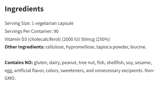 Vital Nutrients Vitamin D3 2000 IU 90Veg Capsules
